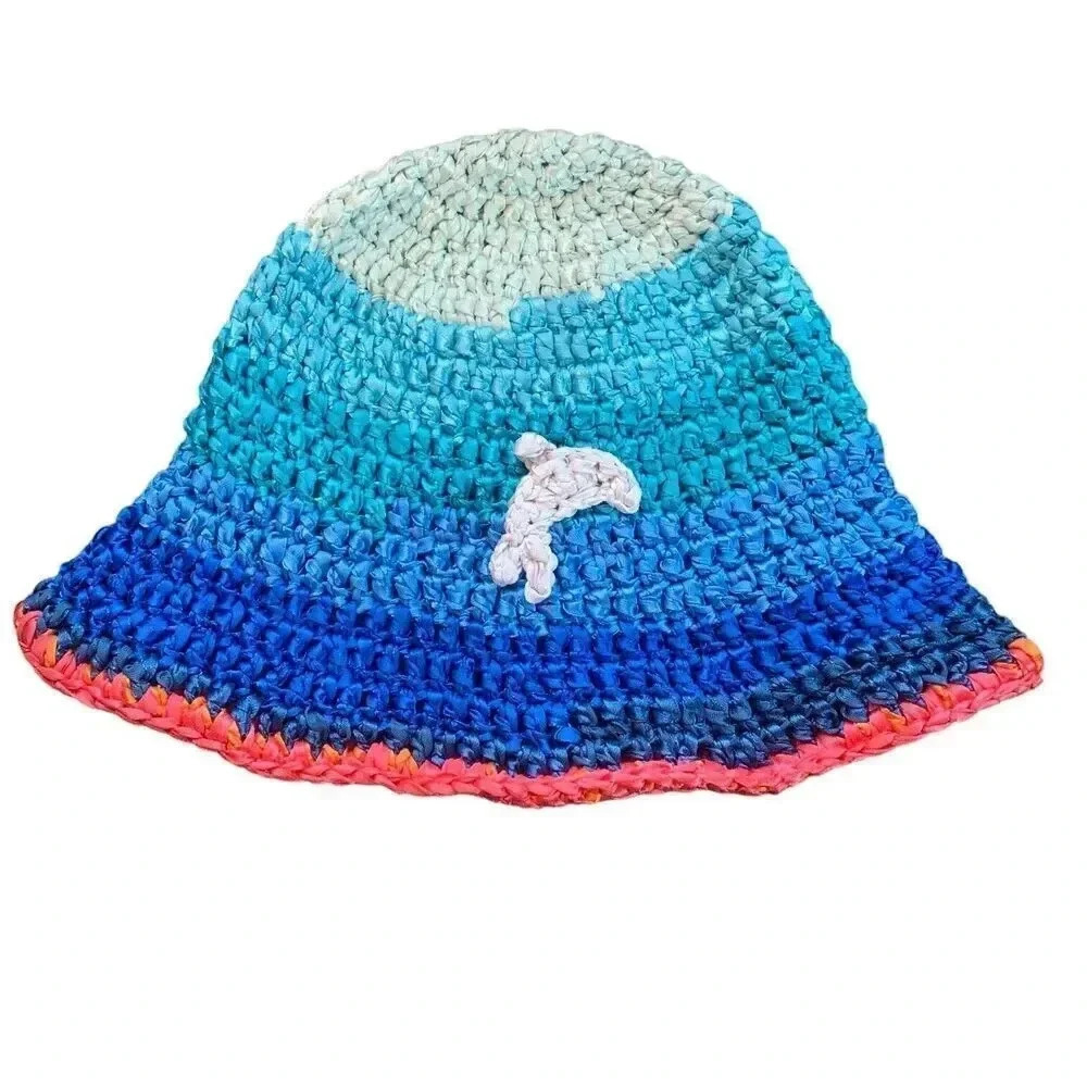 Crochet Dolphin Bucket Hat Adult MEDIUM Size Sun Brim Blue/Pink Beach Vacation